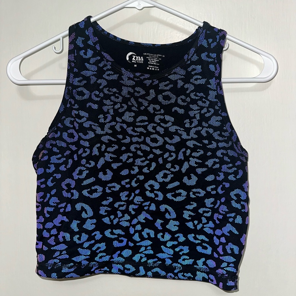 Zyia Black Leopard Reflective Hi-Neck Stronger Tank - Size Medium